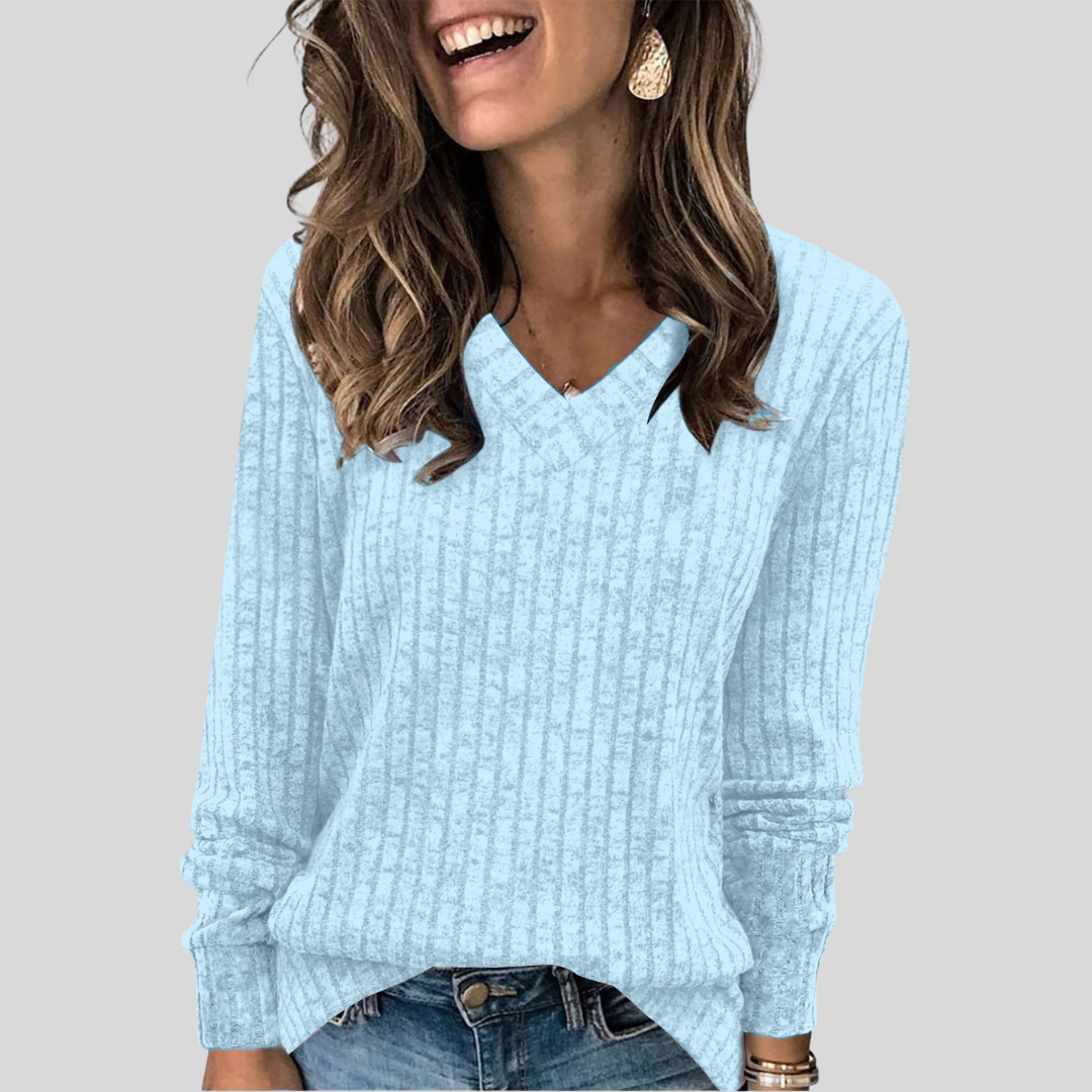 V-Neck Long Sleeve Ribbed Knit Sweater 13
