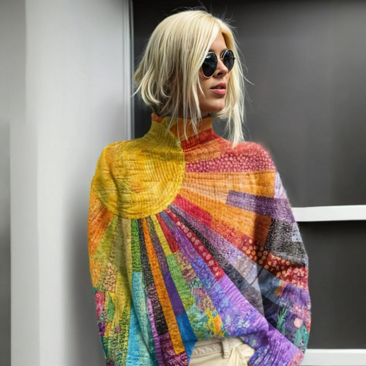 Turtleneck Long Sleeve Patchwork Print Knit Sweater 3
