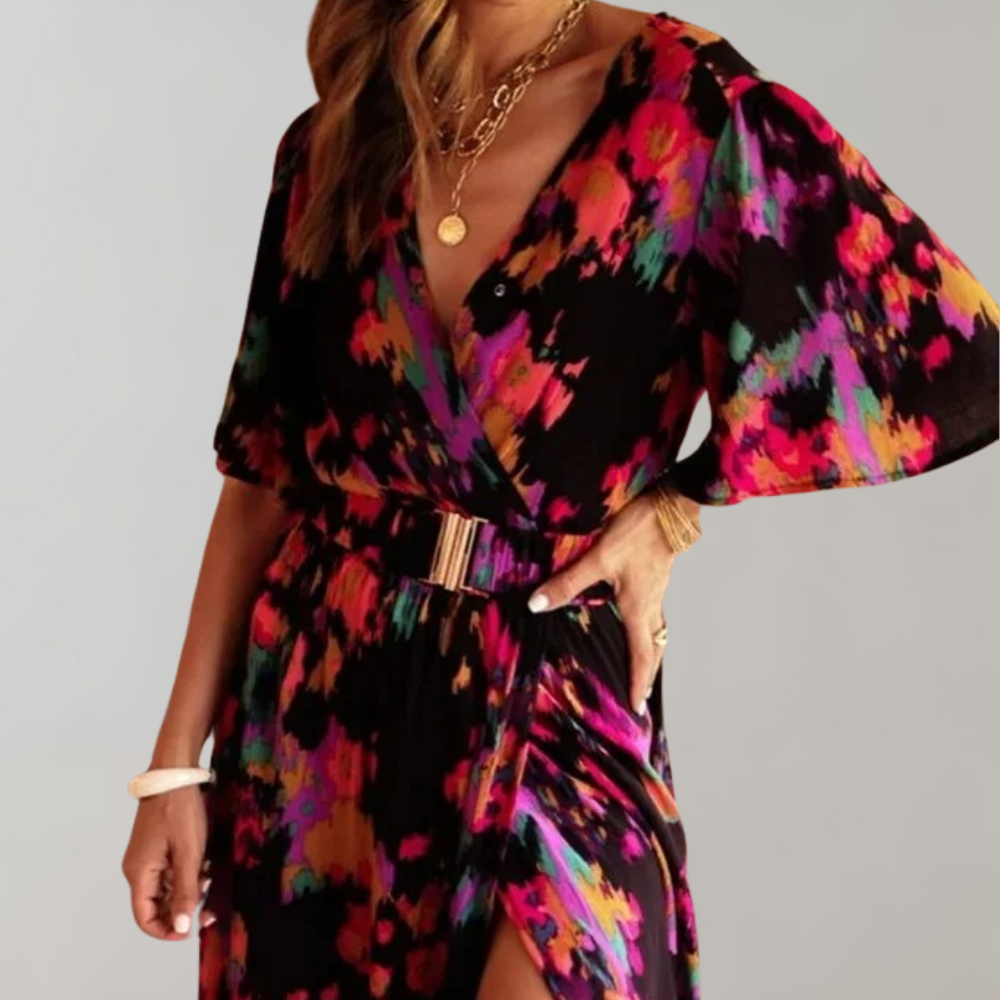 Abstract Print Wrap Flutter Sleeve Belted High Split Maxi Dress