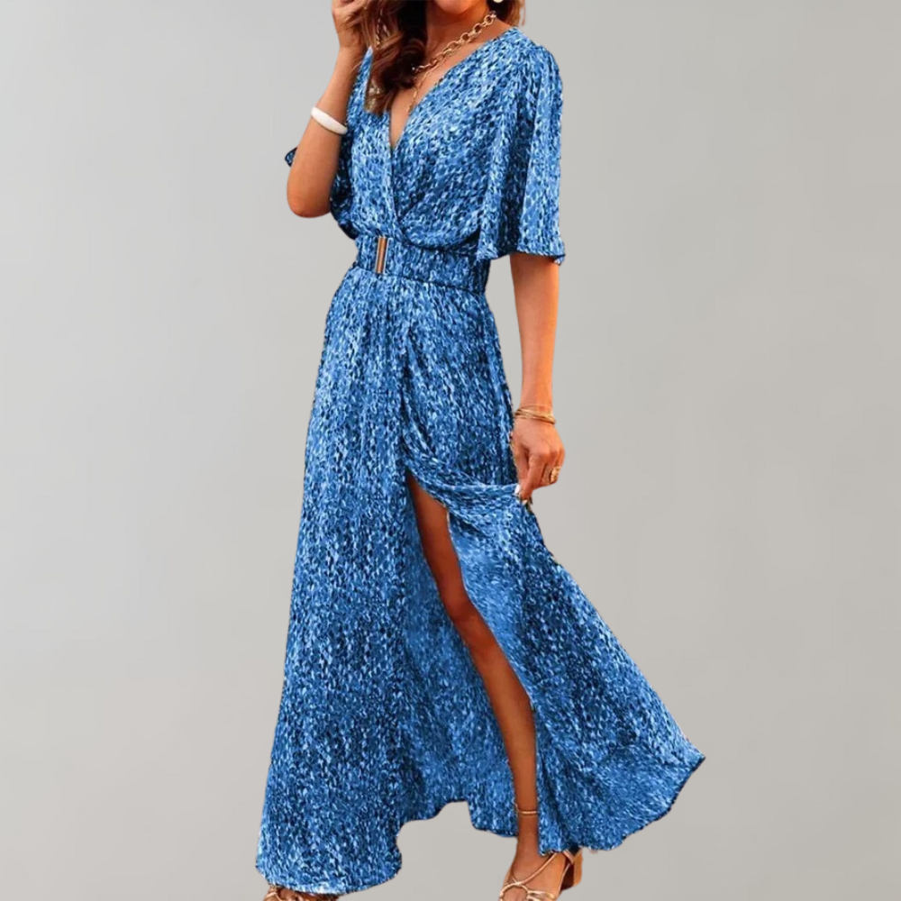 Snake Print V-Neck Flutter Sleeve Wrap High Split Maxi Dress 4