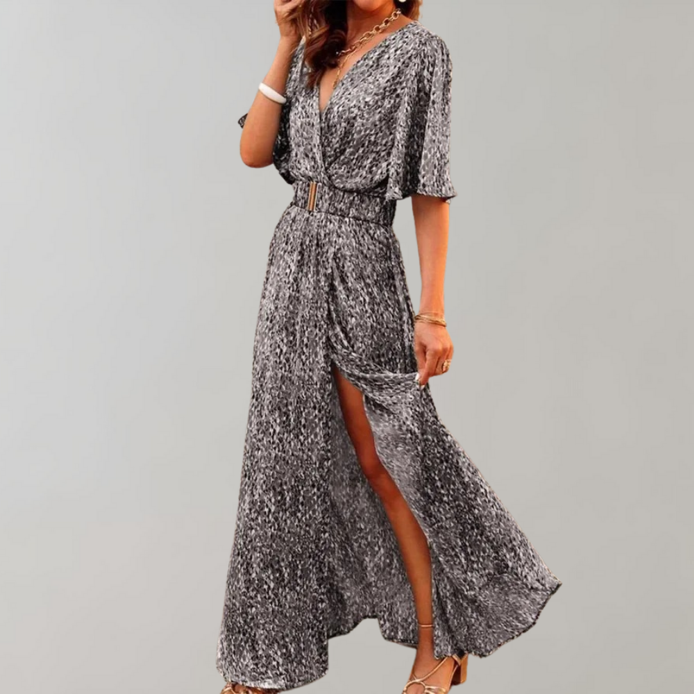 Abstract Print Wrap Flutter Sleeve Belted High Split Maxi Dress - View 3