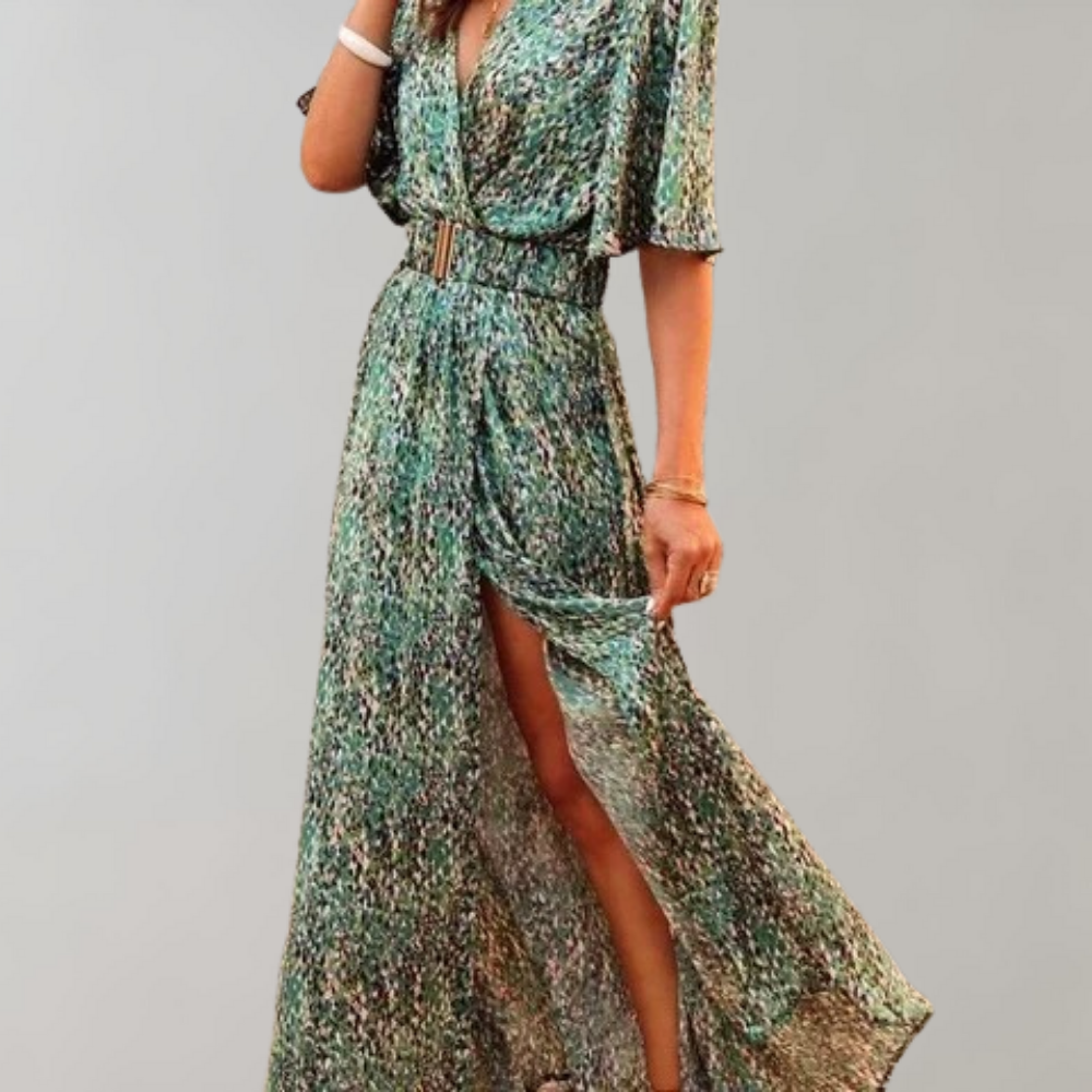 Snake Print V-Neck Flutter Sleeve Wrap High Split Maxi Dress 5