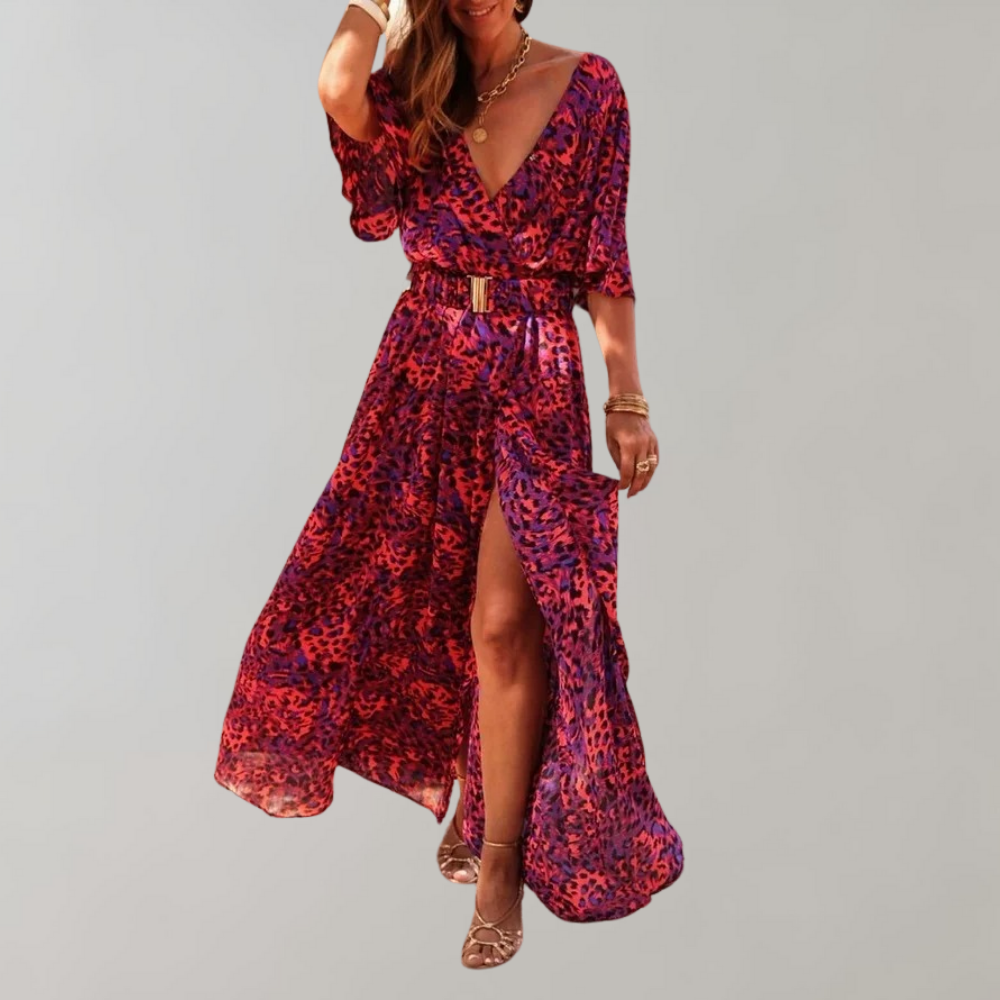 Abstract Print Wrap Flutter Sleeve Belted High Split Maxi Dress - View 2