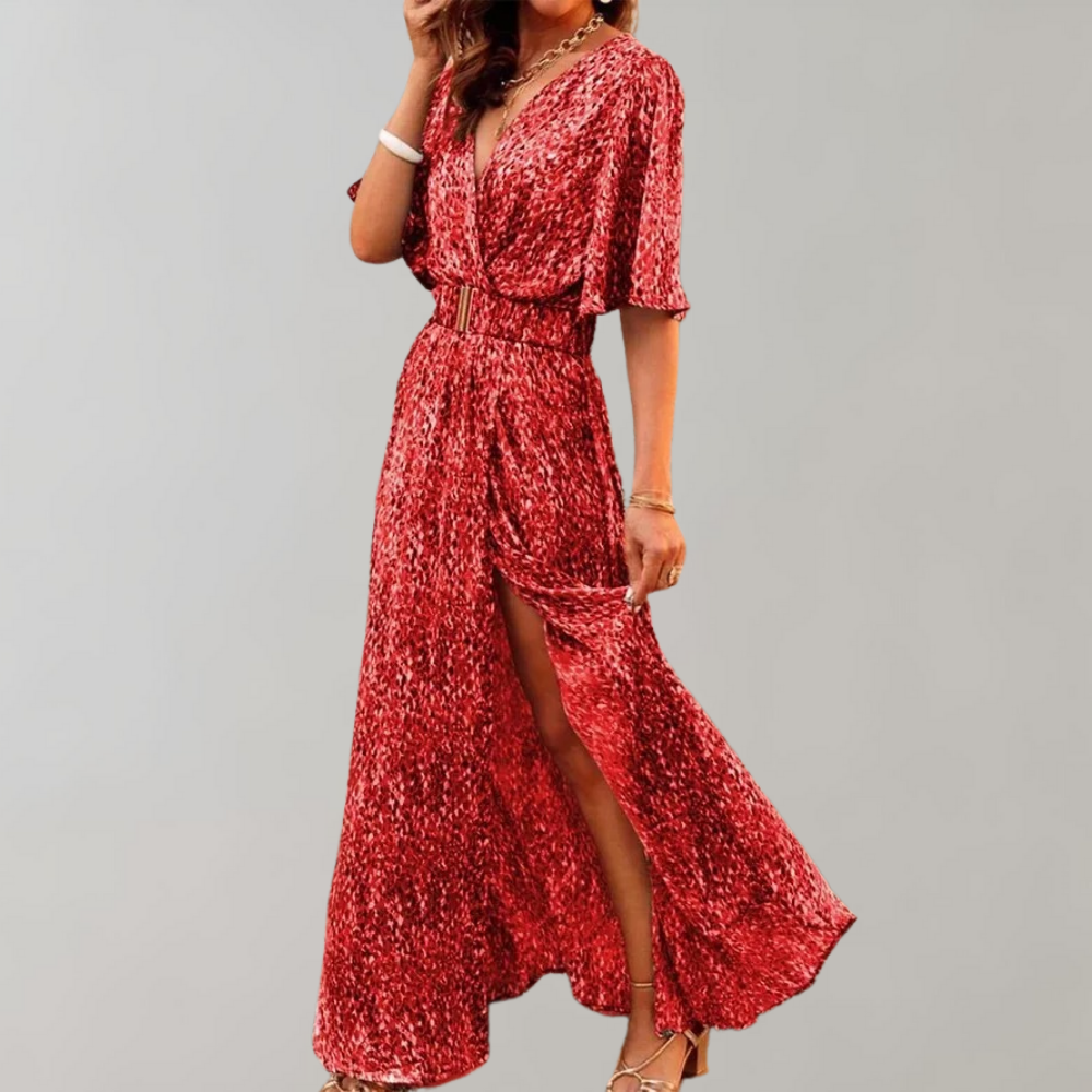 Abstract Print Wrap Flutter Sleeve Belted High Split Maxi Dress - View 7