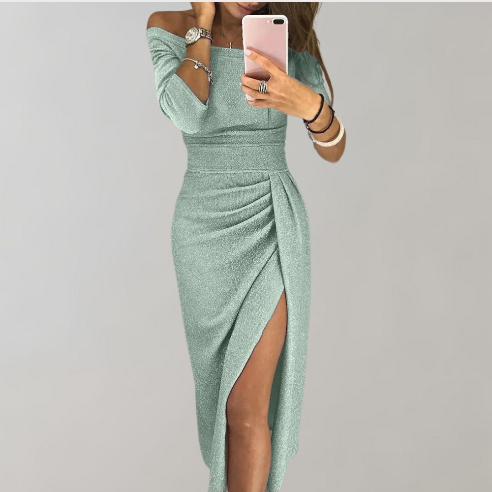 Glitter Off Shoulder Waistband Ruched Wrap Bodycon Midi Dress - View 3