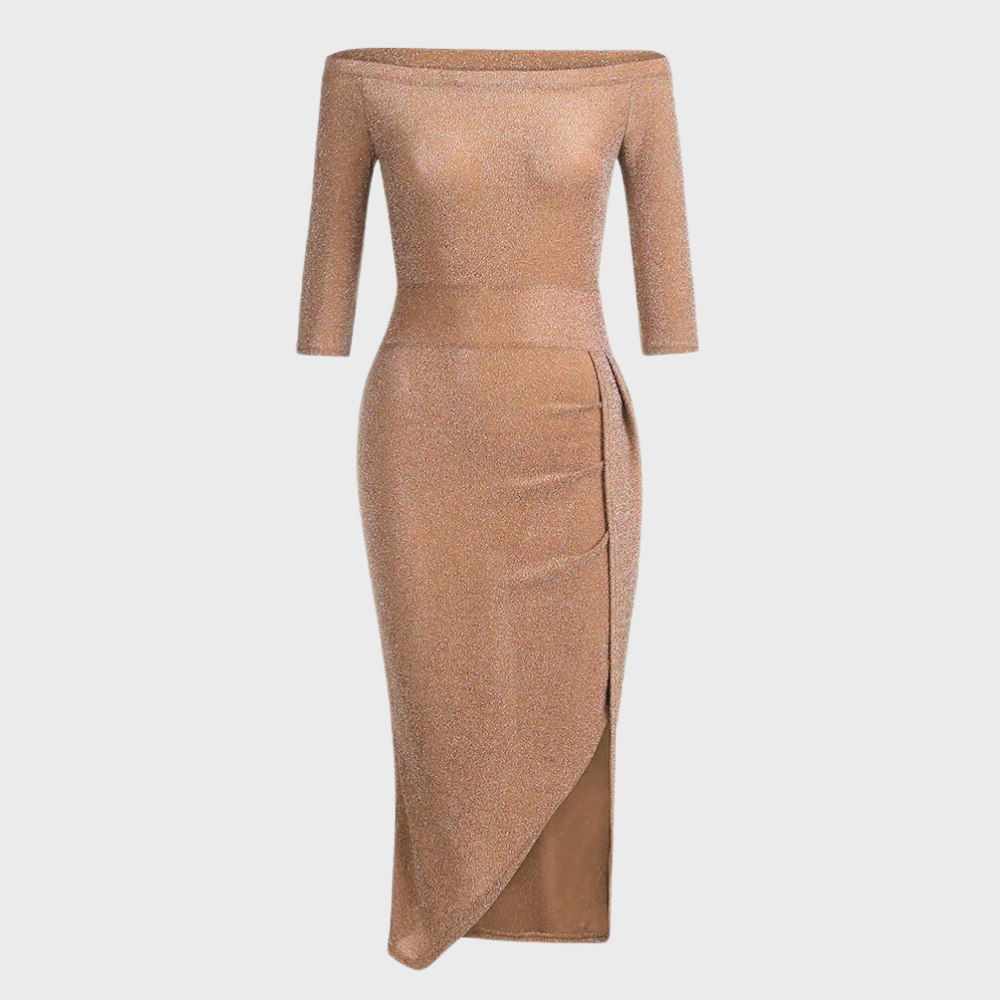Glitter Off Shoulder Waistband Ruched Wrap Bodycon Midi Dress - View 8