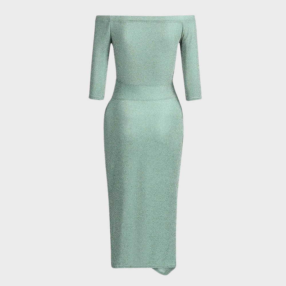 Glitter Off Shoulder Waistband Ruched Wrap Bodycon Midi Dress - View 7