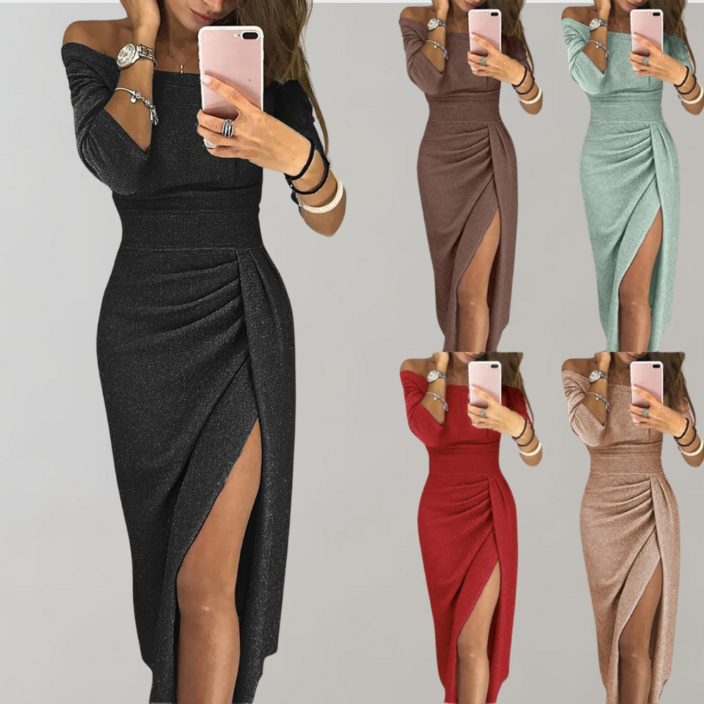 Glitter Off Shoulder Waistband Ruched Wrap Bodycon Midi Dress - View 9