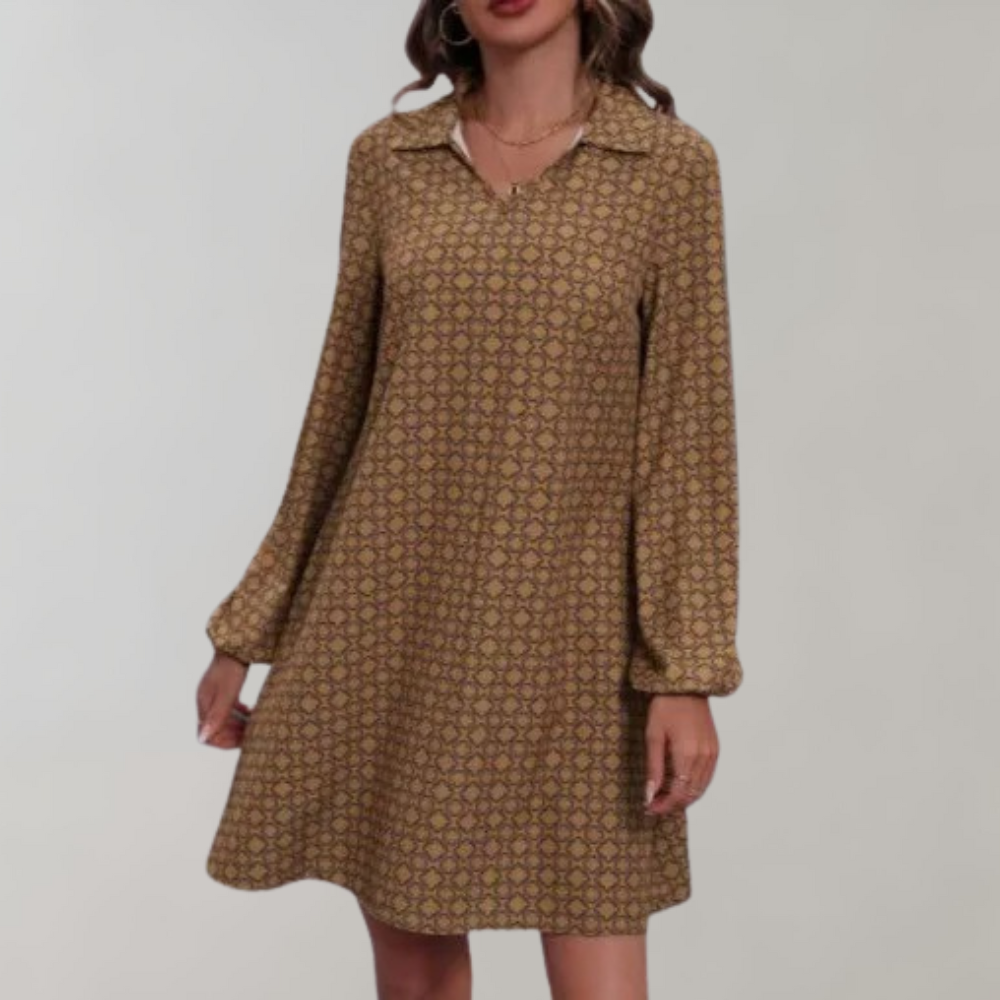 Geometric Print Collar V-Neck Bishop Sleeve A-Line Mini Dress - View 3