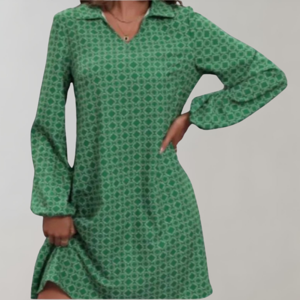 Geometric Print Collar V-Neck Bishop Sleeve A-Line Mini Dress - View 4