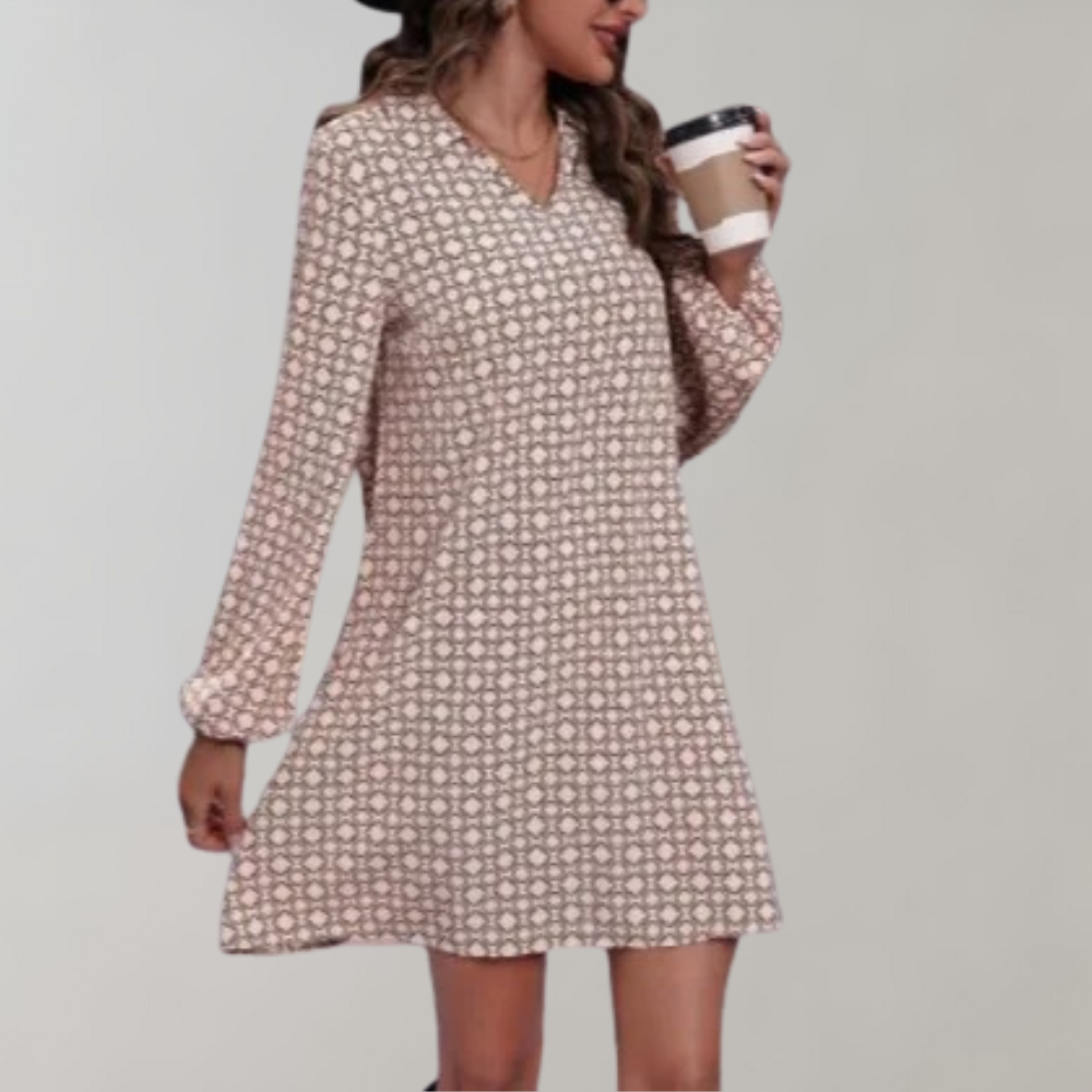 Geometric Print Collar V-Neck Bishop Sleeve A-Line Mini Dress - View 5