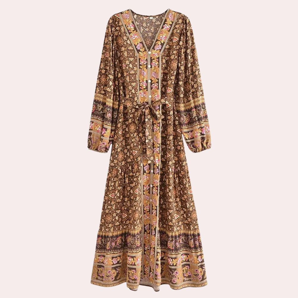 Floral Paisley Print V-Neck Button Front Long Sleeve Maxi Dress - View 5