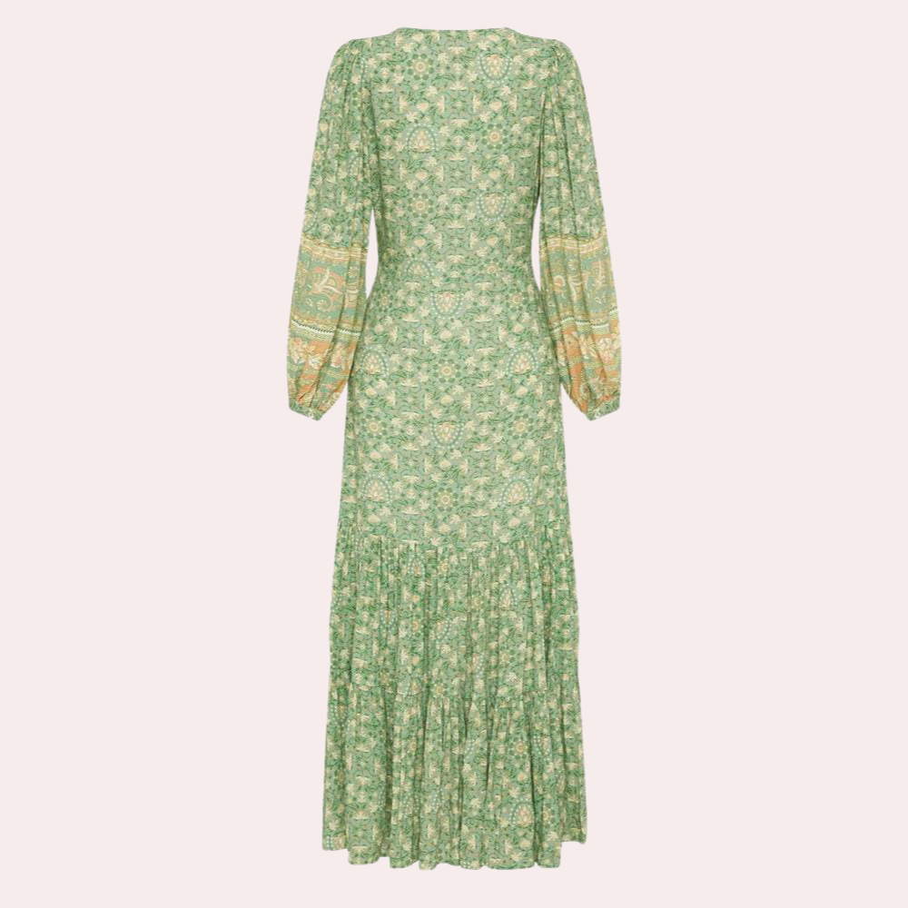 Floral Paisley Print V-Neck Button Front Long Sleeve Maxi Dress - View 3
