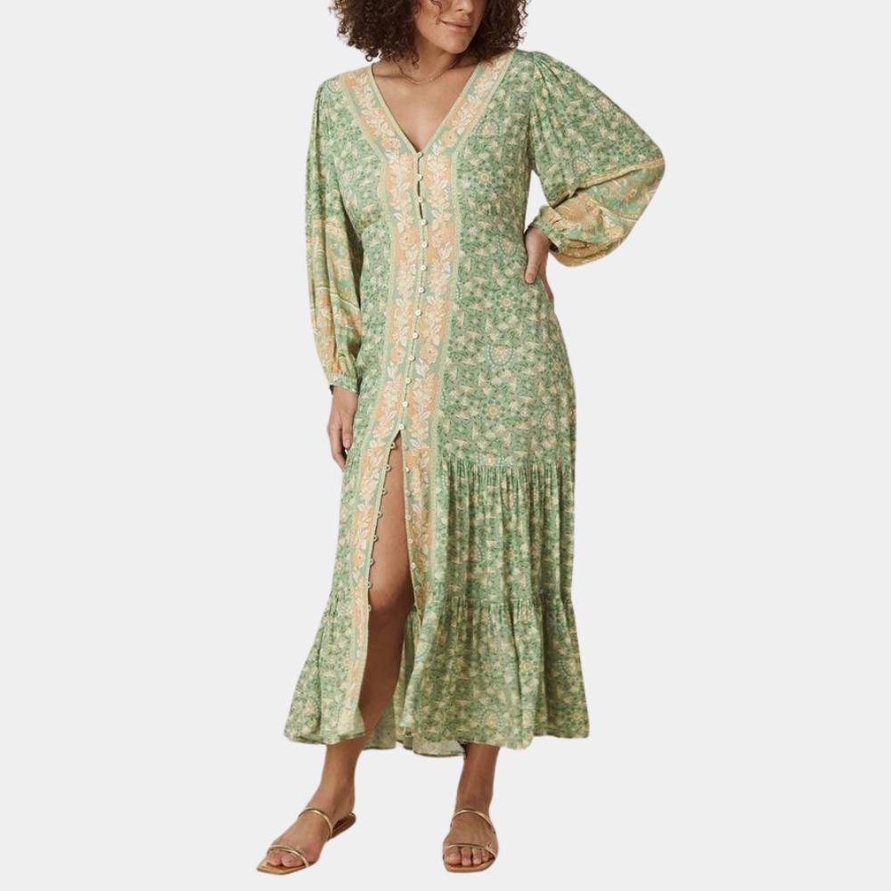 Floral Paisley Print V-Neck Button Front Long Sleeve Maxi Dress - View 2