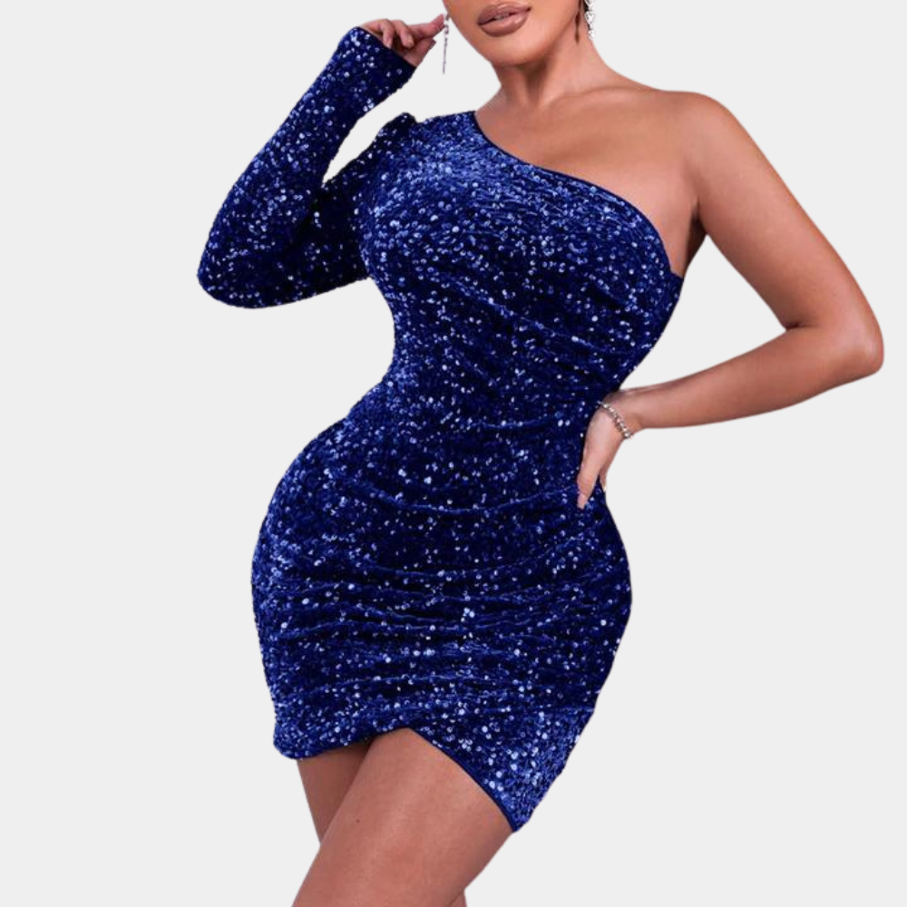 Sequin One Shoulder Long Sleeve Ruched Bodycon Mini Dress - View 5