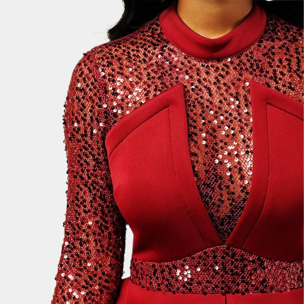 Sequin High Neck Long Sleeve Peplum Bodycon Midi Dress - View 6