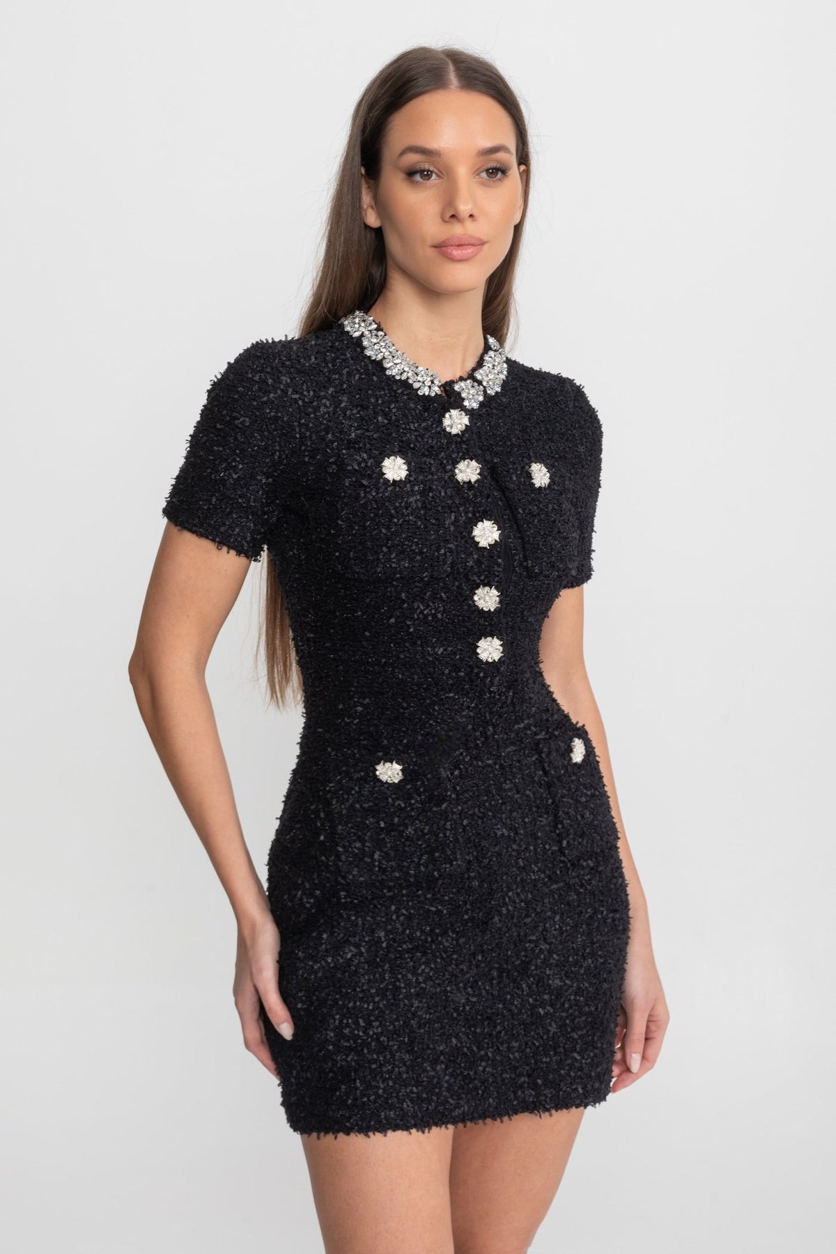 Tweed Rhinestone Floral Collar Short Sleeve Bodycon Mini Dress
