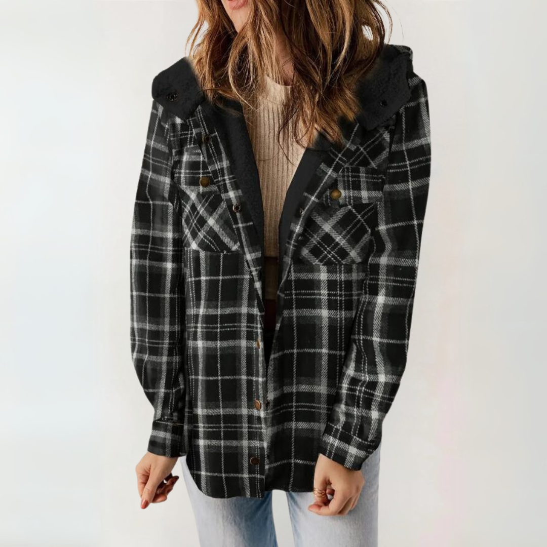 Plaid Sherpa Lined Hooded Button Front Shacket 11