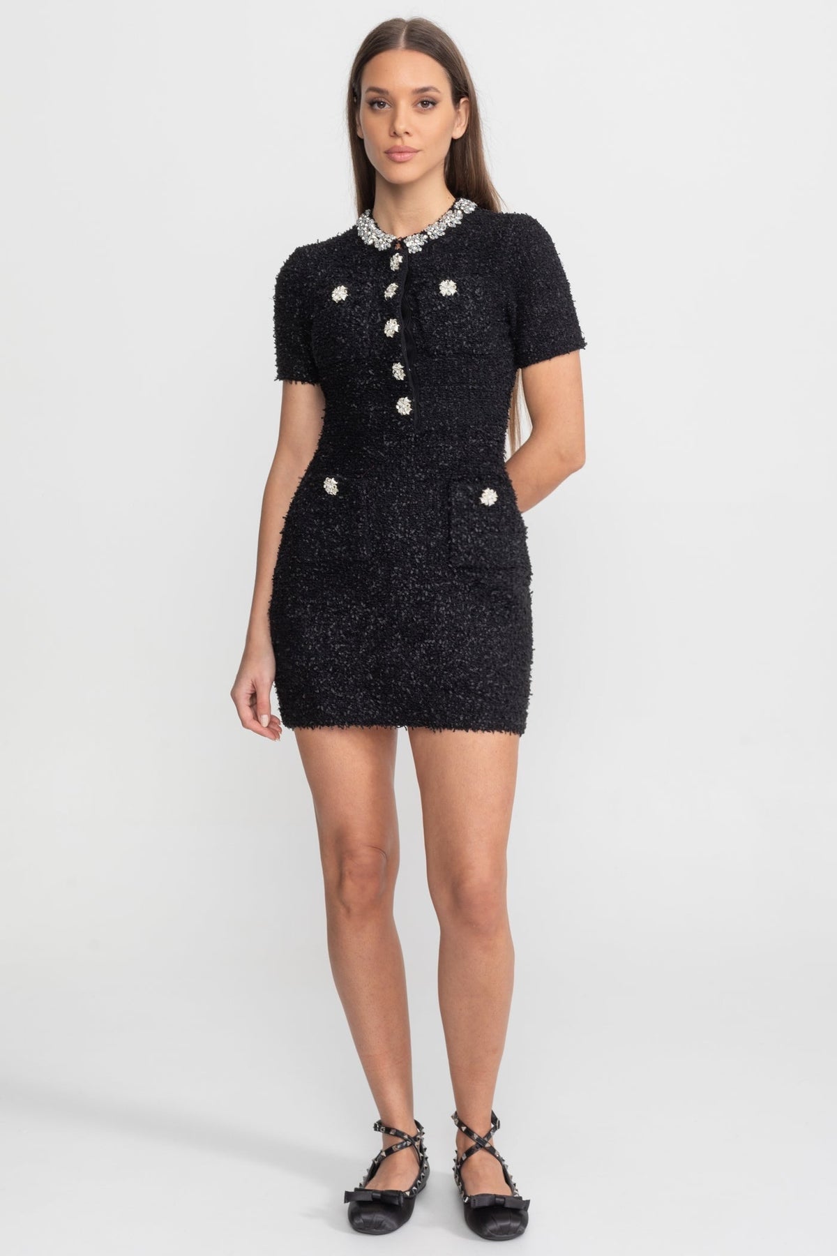 Tweed Rhinestone Floral Collar Short Sleeve Bodycon Mini Dress - View 2