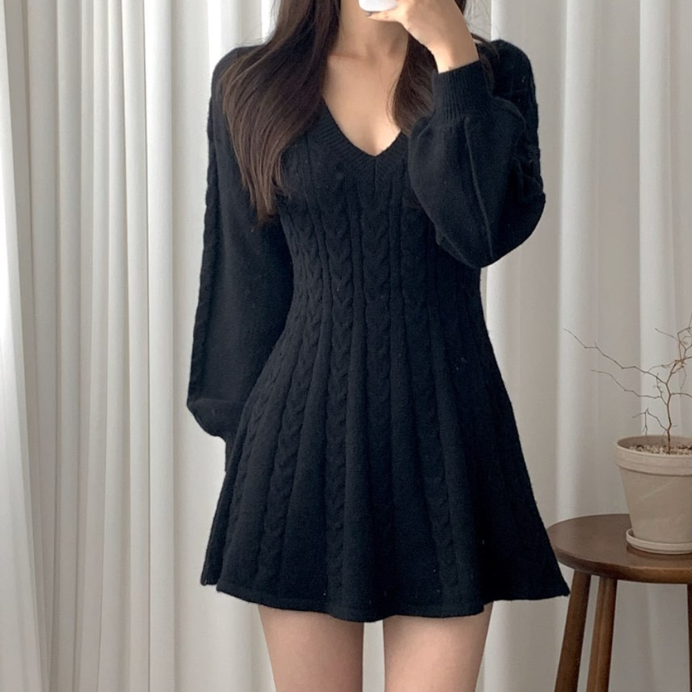 Cable Knit Deep V-Neck Lantern Sleeve Fit and Flare Mini Dress