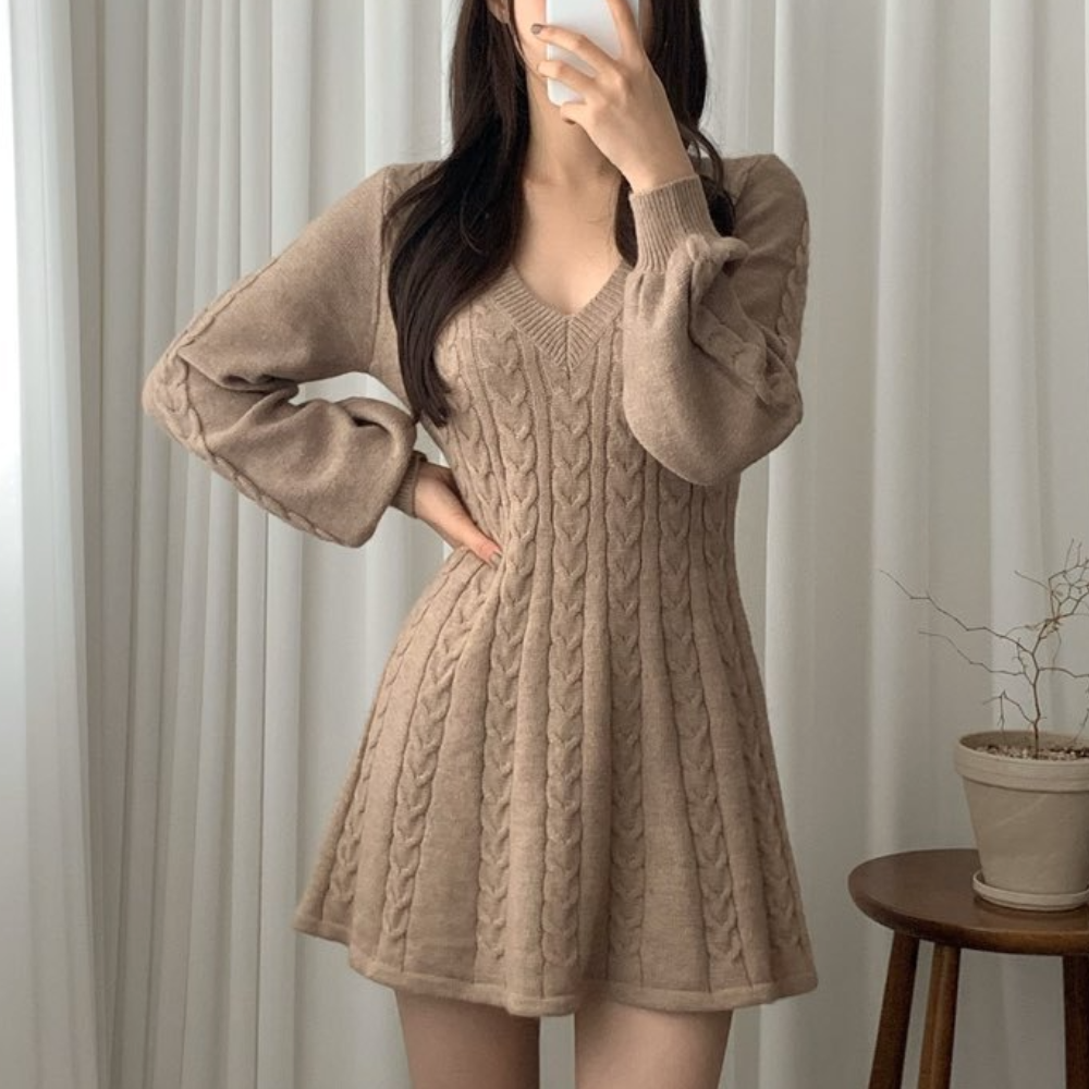 Cable Knit Deep V-Neck Lantern Sleeve Fit and Flare Mini Dress - View 3