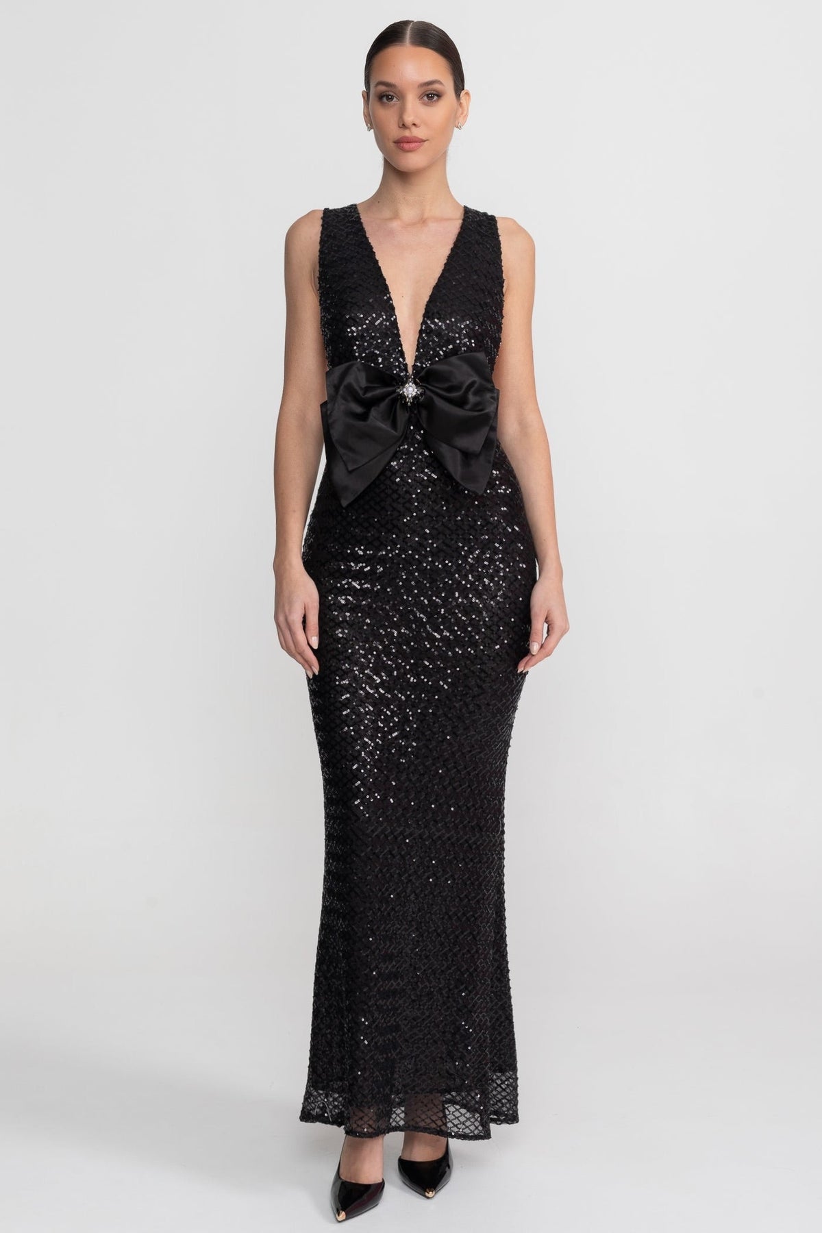 Sequin Maxi Dress With Satin Bow Detail - Black