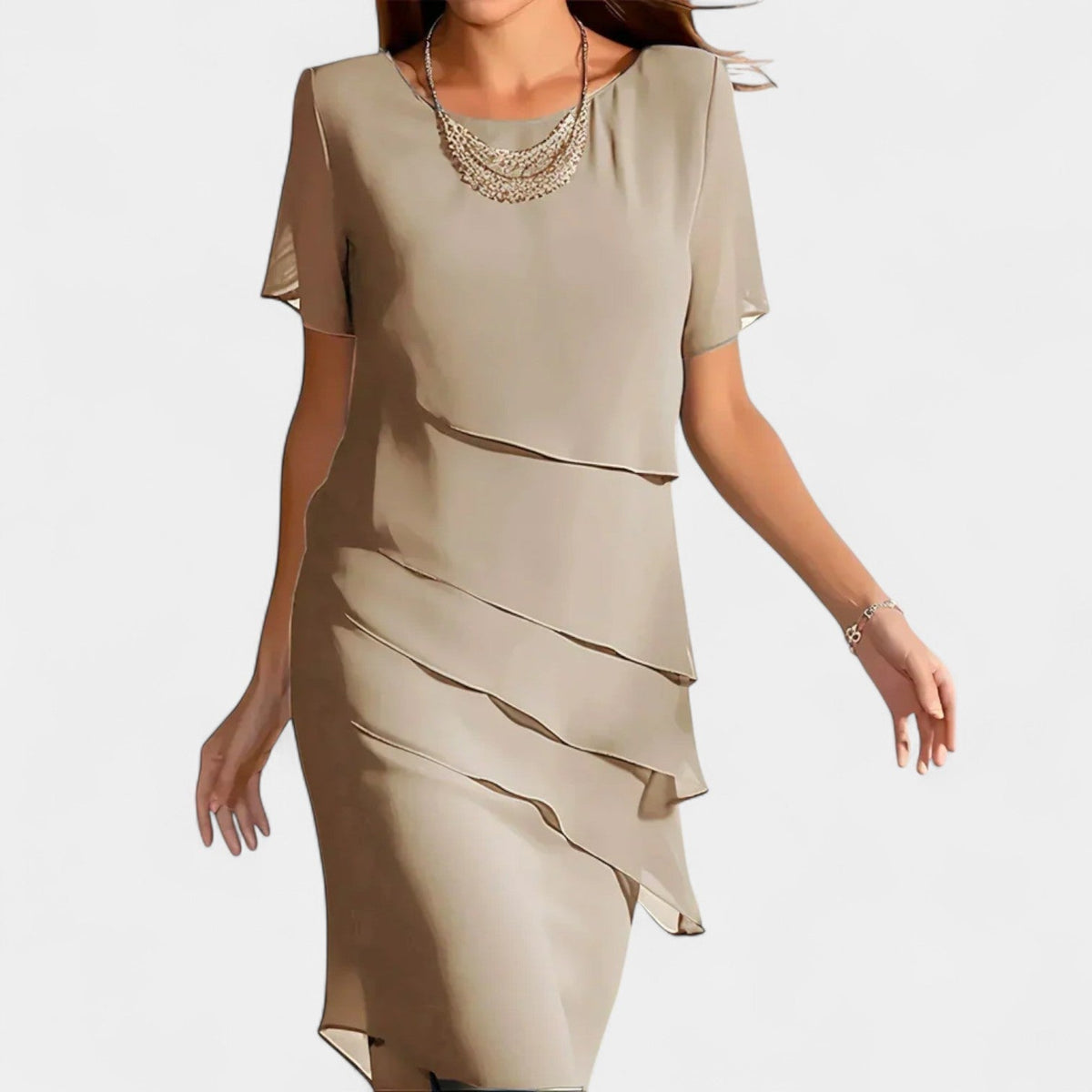 Chiffon Round Neck Short Sleeve Tiered Midi Dress 4