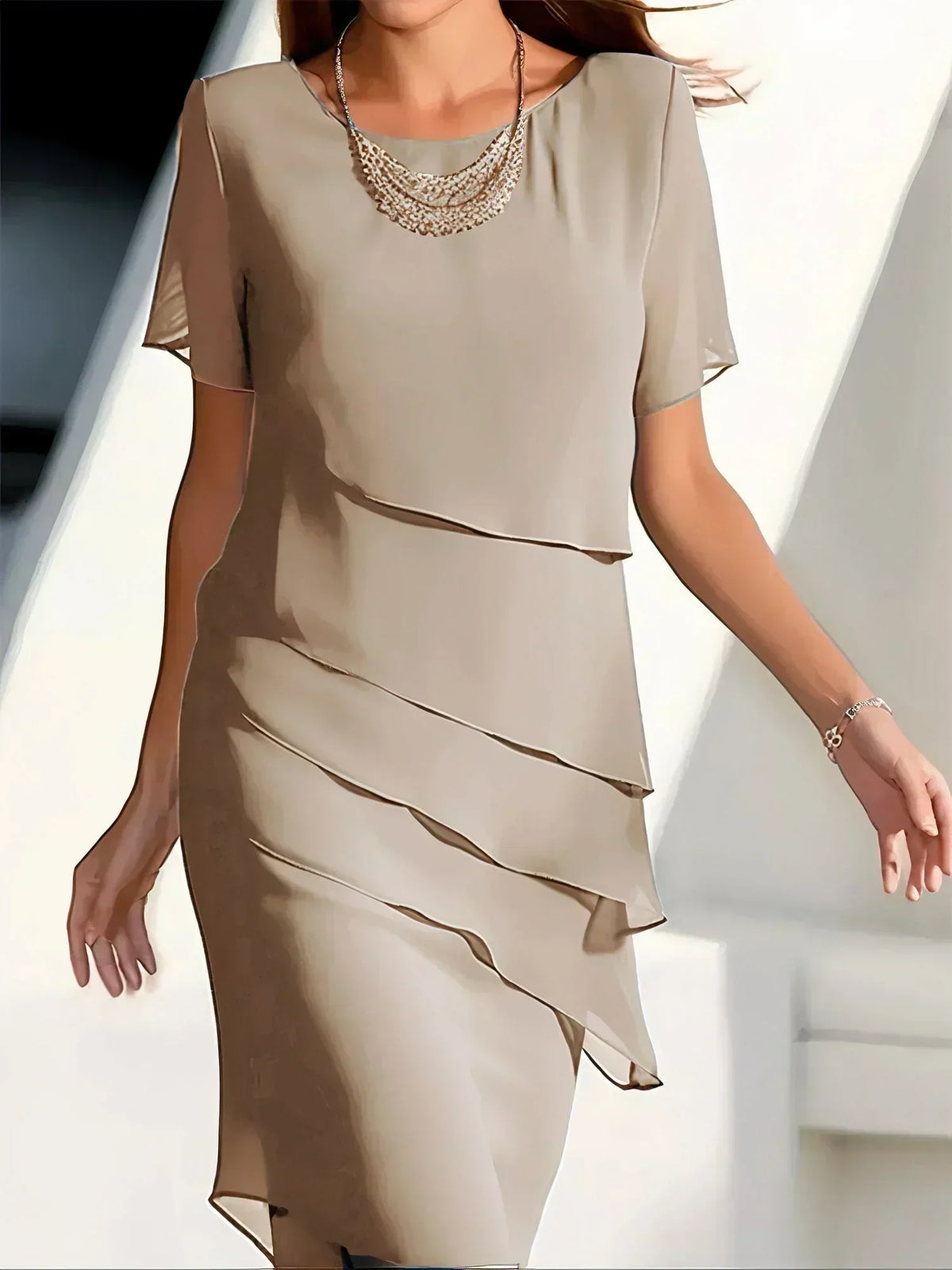 Sheer Flutter Sleeve Diagonal Tier Ruffle Sheath Knee Length Dress - View 2