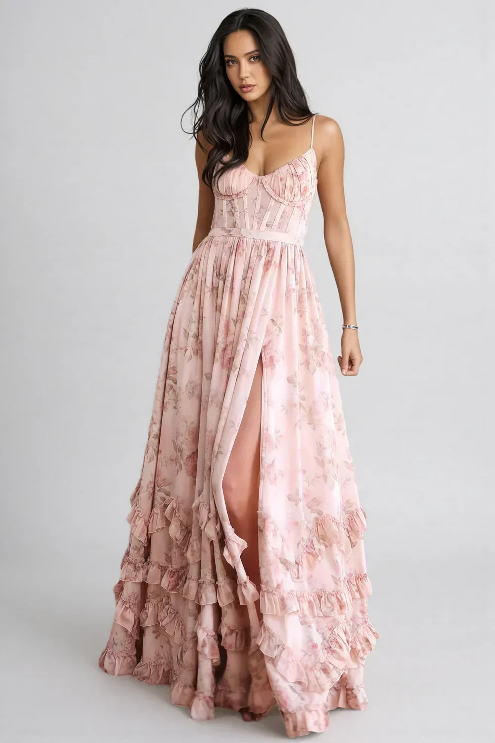 Floral Print Corset Bodice High Split Ruffle Hem Maxi Dress 6