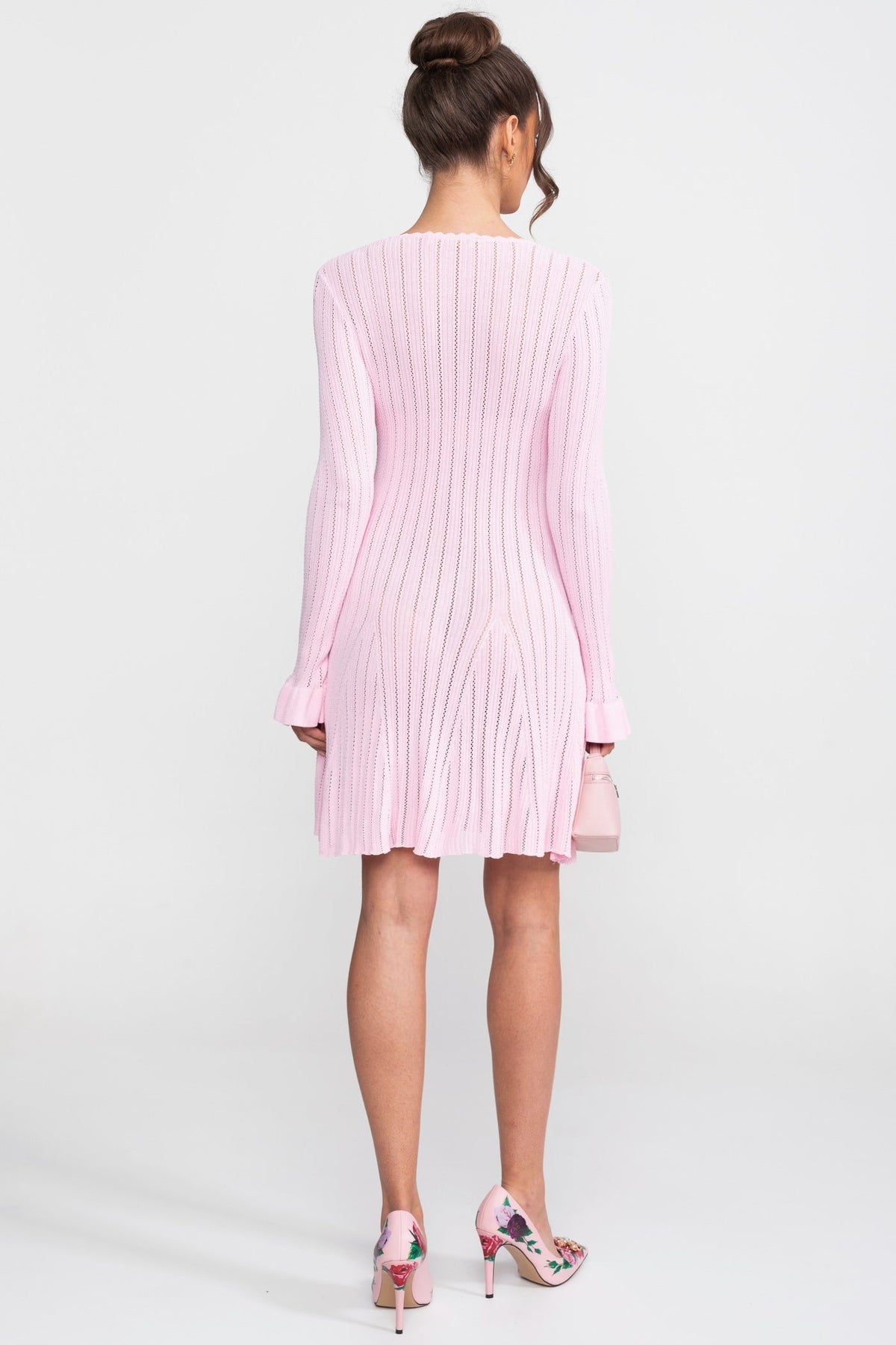 Open-Knit Mini Dress With Scallop Neck And Ruffle Cuffs - Pink - View 7