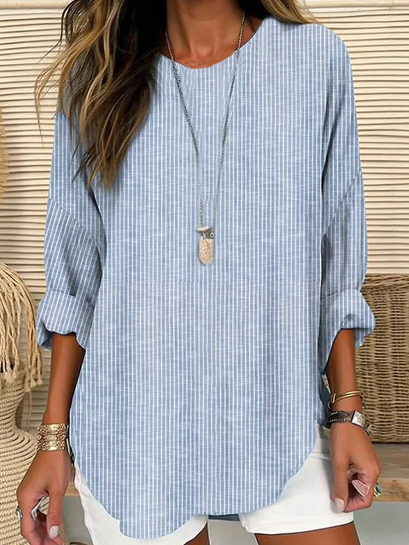 Striped Crew Neck Long Sleeve Loose Blouse 3