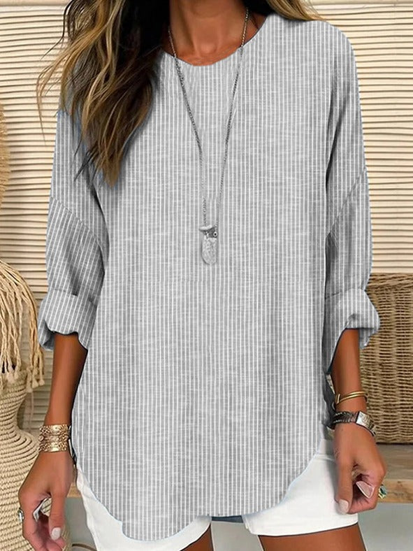 Striped Crew Neck Long Sleeve Loose Blouse
