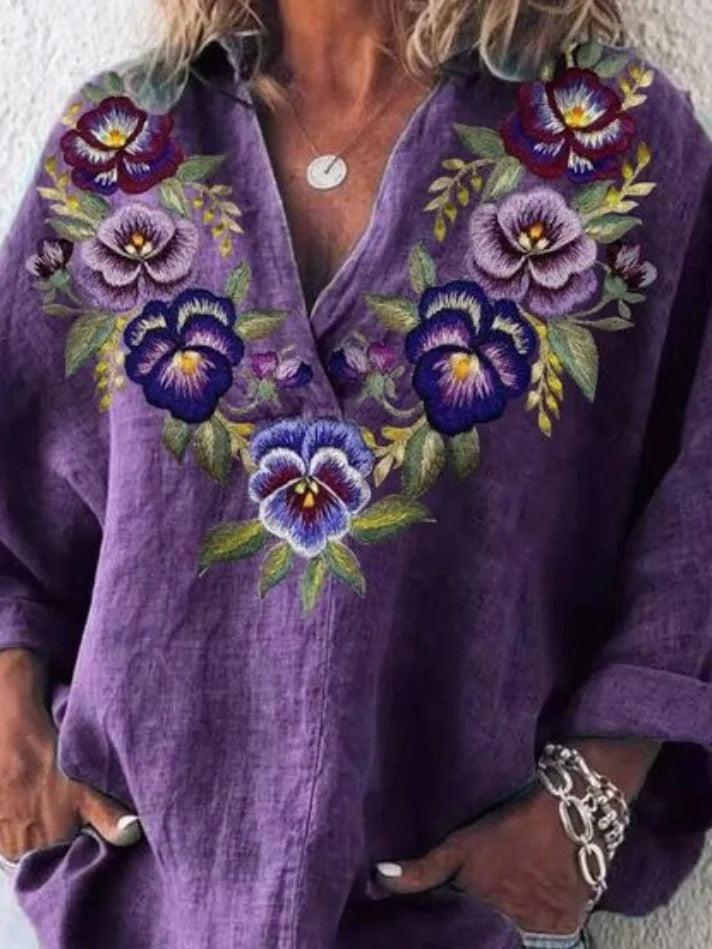 Pansy Floral Print V-Neck Long Sleeve Blouse 3