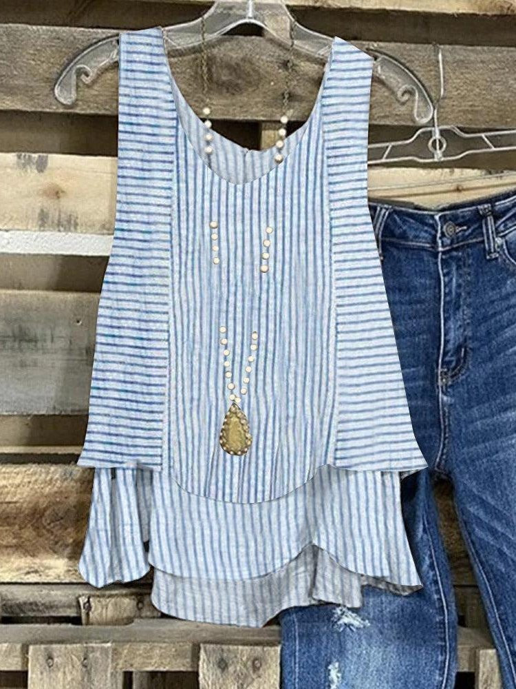 Striped Round Neck Layered Hem Sleeveless Tank Top