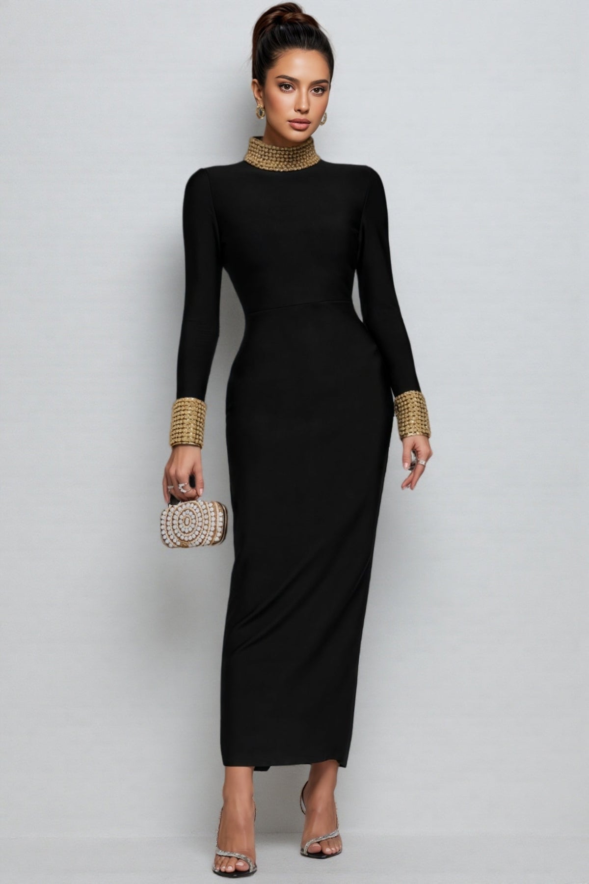 Beaded Mock Neck Long Sleeve Bodycon Bandage Maxi Gown