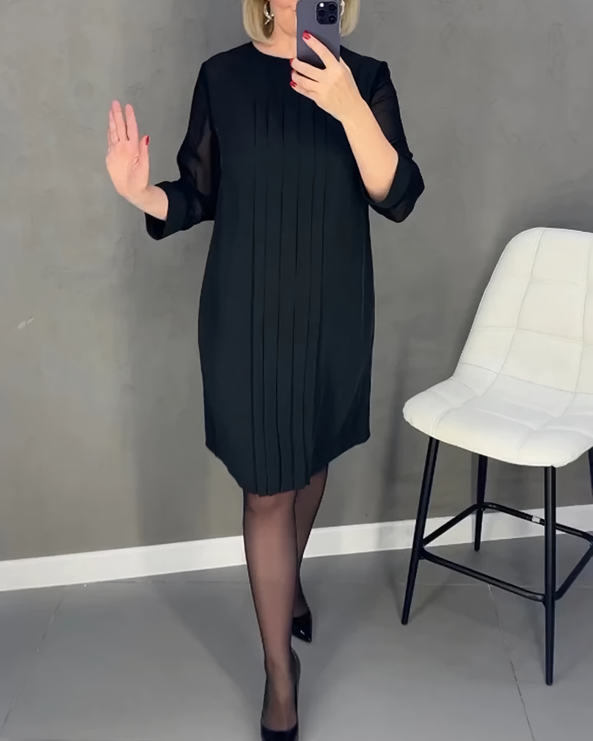 Mesh Sleeve Round Neck Pintuck Front Shift Midi Dress - View 2