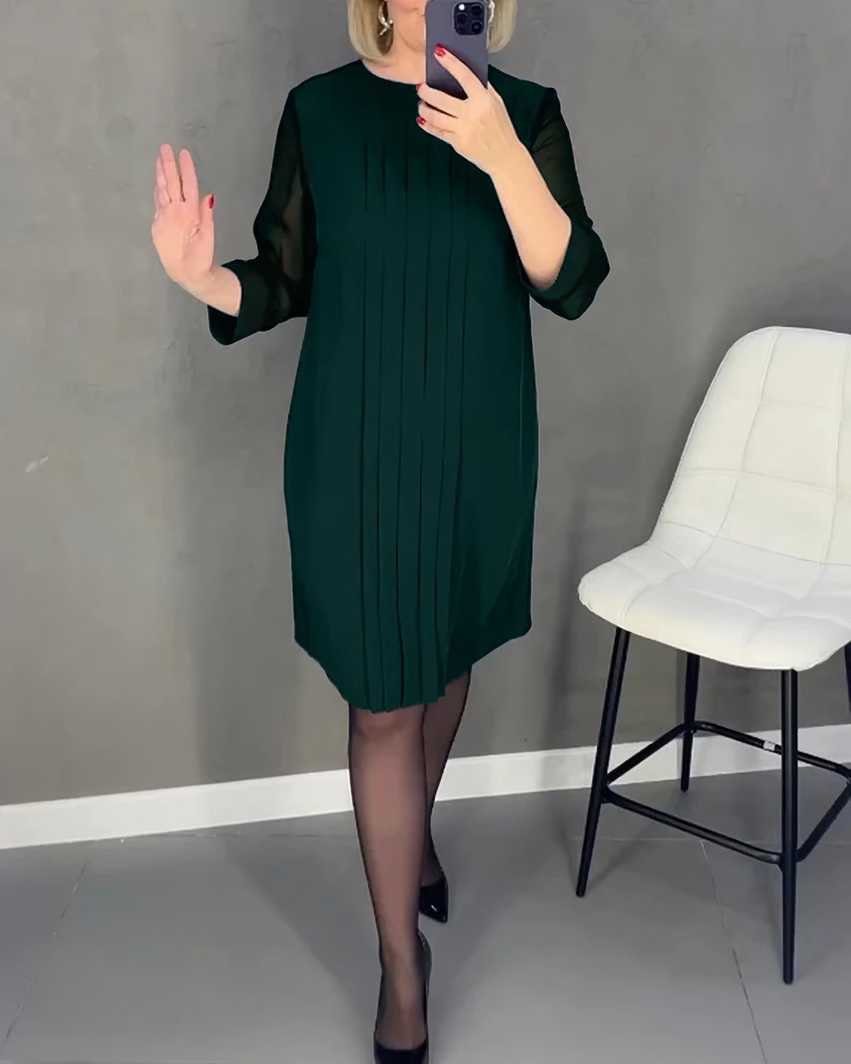 Mesh Sleeve Round Neck Pintuck Front Shift Midi Dress - View 5