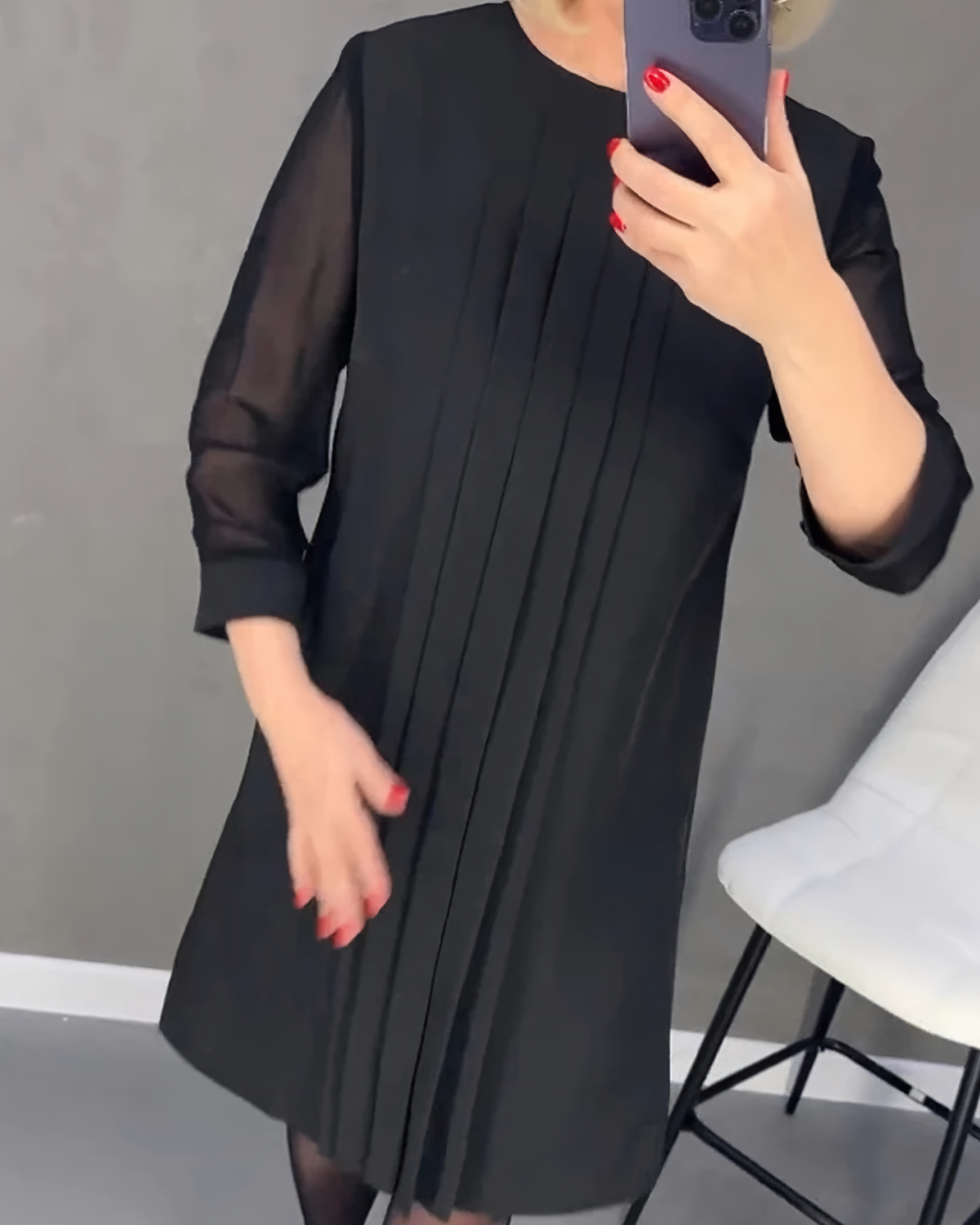 Mesh Sleeve Round Neck Pintuck Front Shift Midi Dress
