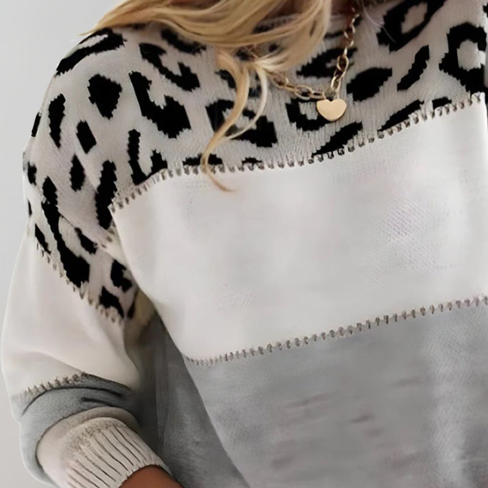Leopard Print Color Block Boat Neck Long Sleeve Sweater 2
