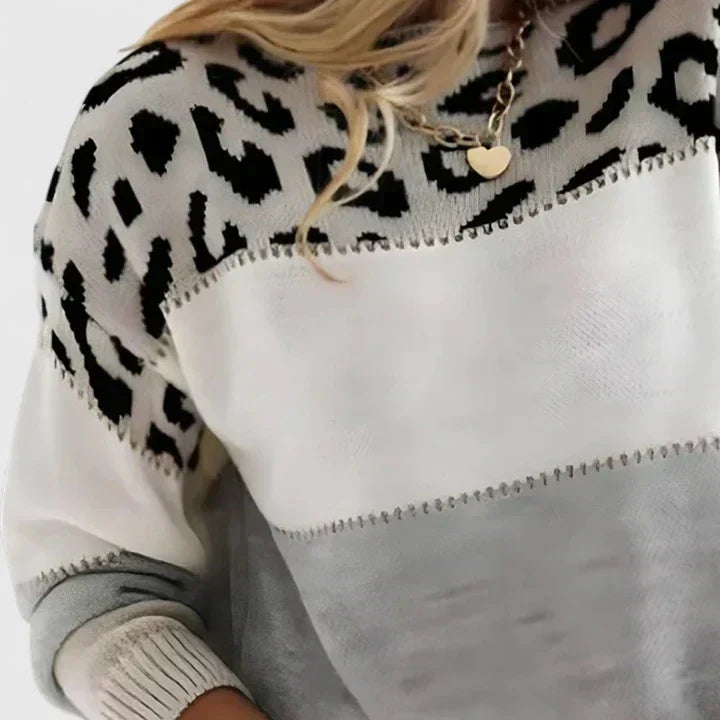 Leopard Colorblock Crew Neck Long Sleeve Knit Sweater 7