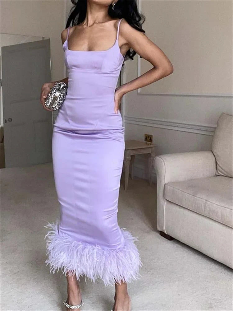 Square Neck Spaghetti Strap Feather Trim Satin Maxi Dress 2