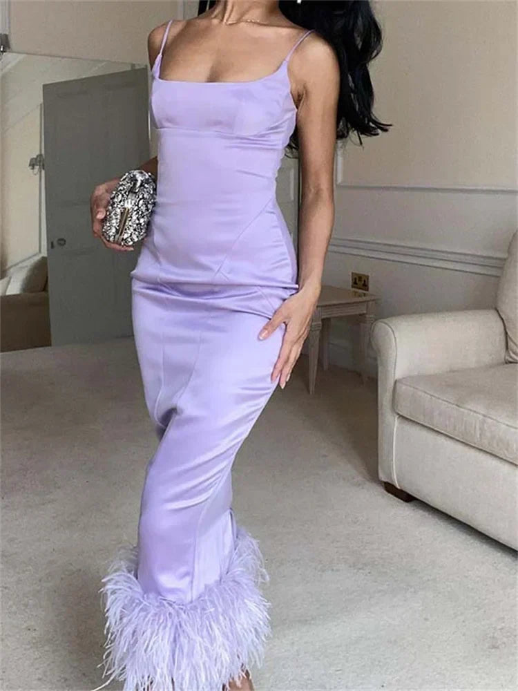 Square Neck Spaghetti Strap Feather Trim Satin Maxi Dress 5