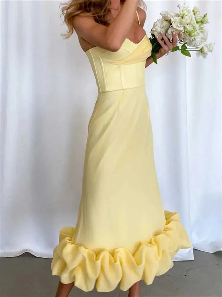 Cocktail Sleeveless Low Cut VNeck Slim Ruched Ruffles Midi Dress - View 4