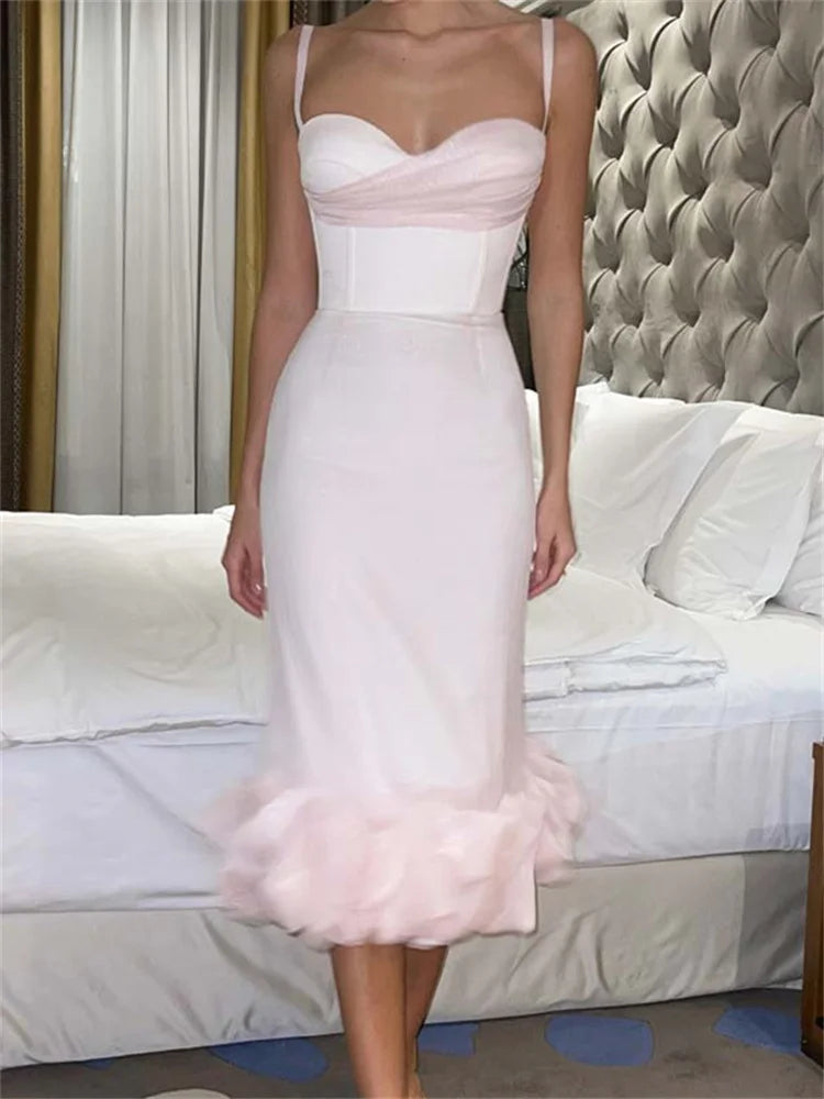 Cocktail Sleeveless Low Cut VNeck Slim Ruched Ruffles Midi Dress - View 6
