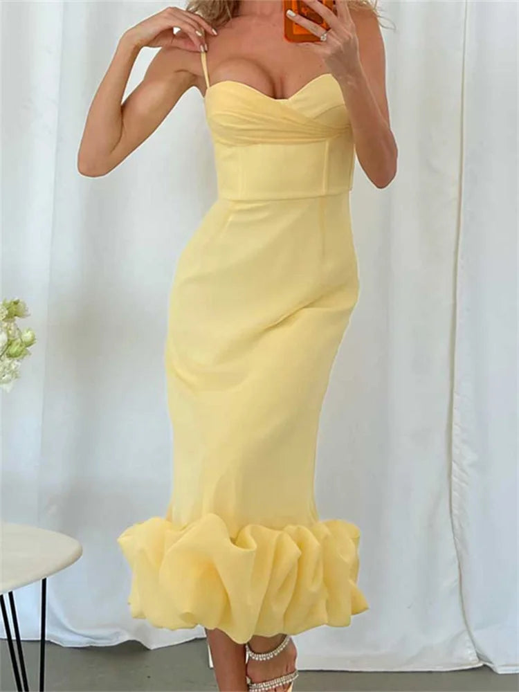 Cocktail Sleeveless Low Cut VNeck Slim Ruched Ruffles Midi Dress - View 8