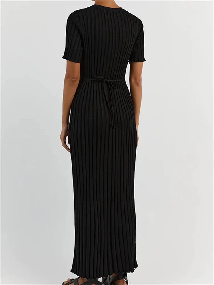 Crew Neck Short Sleeve Ribbed Knit Bodycon Maxi Dress 2