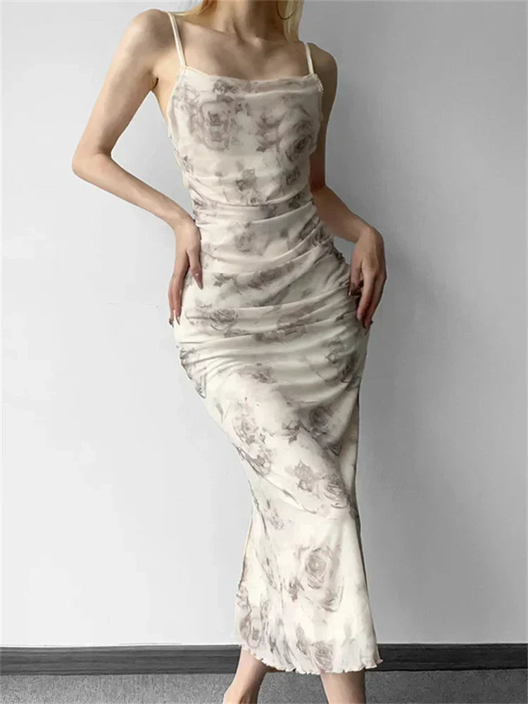 Vintage Washed Deep V-Neck Ruched Floral Dress