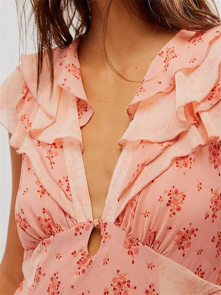 Vintage Washed Deep V-Neck Floral Midi Dress