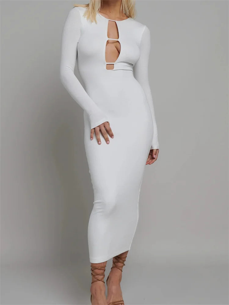 Crew Neck Long Sleeve Keyhole Cut Out Bodycon Maxi Dress 4