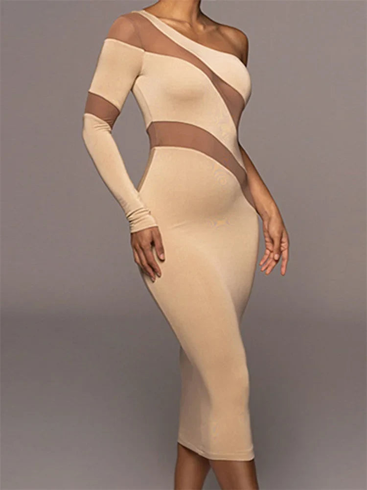 One Shoulder Long Sleeve Sheer Mesh Panel Bodycon Midi Dress - View 2